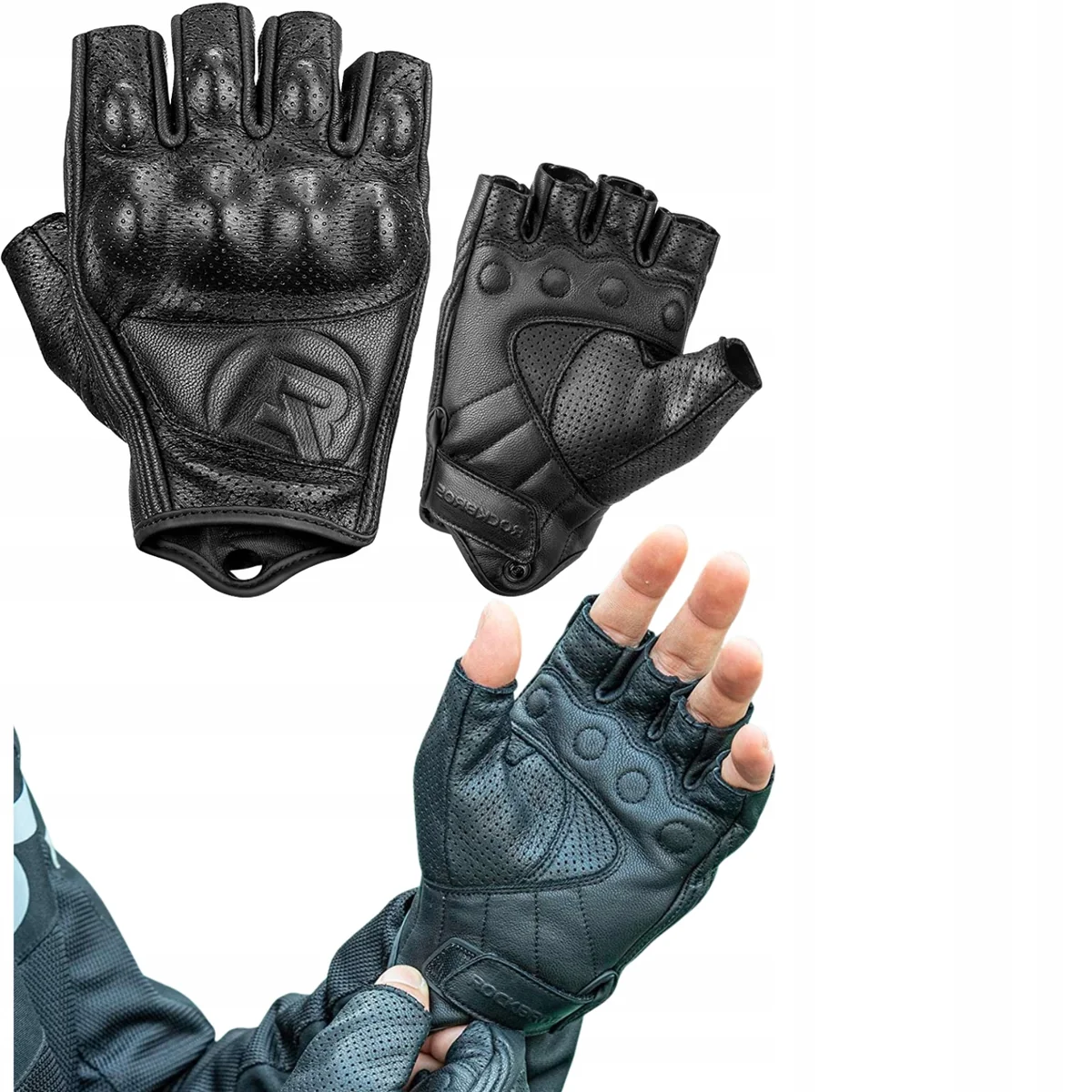 RĘKAWICE MOTOCYKLOWE SKÓRZANE MĘSKIE DAMSKIE KRÓTKIE BEZ PALCÓW ROCKBROS