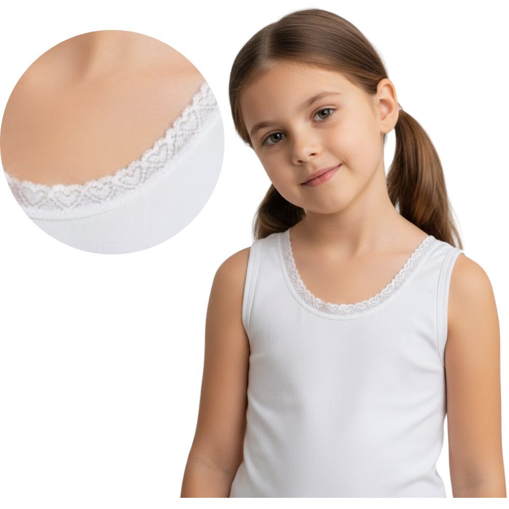 PODKOSZULKA DZIEWCZĘCA MŁODZIEŻOWA BIAŁA NA RAMIĄCZKACH Z KORONKĄ ELEGANCKA KOMUNIJNA BIELIZNA DLA DZIEWCZYNKI BAWEŁNIANA 158