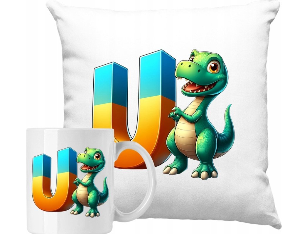 ZESTAW PODUSZKA + KUBEK Dino Dinozaur Litera U Pomysł Na Prezent +IMIĘ