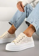 Trampki damskie - Beżowe Koronkowe Trampki Vices na Podwójnej Podeszwie Telosira - miniaturka - grafika 1