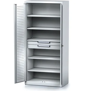 Szafka warsztatowa z półką 2-drzwiowa MECHANIC, 5 półek, 2 szuflady, 920 x 500 x 1950 mm, drzwi szare - Szafy i regały magazynowe - miniaturka - grafika 1