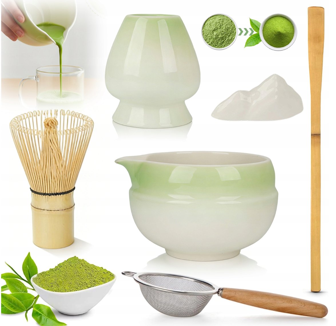 Zestaw Do Matcha 7 Sztuk Gradient Zielony Z Miską Miotełką I Górską Górą
