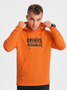Bluzy męskie - Męska bluza kangurka z kapturem i nadrukiem - pomarańczowa V1 OM-SSPS-0155 - grafika 1