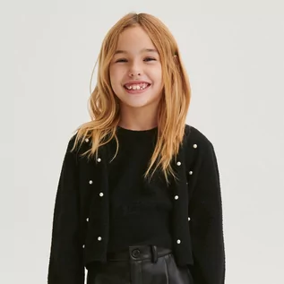 Swetry dla dziewczynek - Reserved - Kardigan z perełkami - Czarny - grafika 1
