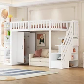 Łóżka dla dzieci i młodzieży - Łóżko piętrowe 90 x 200 cm z szafą, 6 półkami i drabinką - Drewno sosnowe + sklejka + MDF - Białe (Materac nie jest wliczony w cenę) - miniaturka - grafika 1