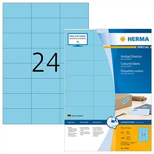 HERMA 4408 kolorowych etykiet DIN A4 (70 x 37 mm, 100 arkuszy, papier, matowy), samoprzylepne, do zadrukowania, trwale przylegające kolorowe etykiety, 2400 etykiet samoprzylepnych, niebieskie - Etykiety do drukarek - miniaturka - grafika 1