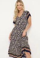 Sukienki - Granatowa Bawełniana Sukienka z Dekoltem w Serek Zapinana na Guziki z Gumką w Pasie Kelea - miniaturka - grafika 1