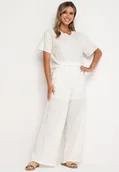 Komplety damskie - Biały Komplet T-shirt i Szerokie Spodnie Zdobiony Wyszywanymi Kwiatami Namsaria - miniaturka - grafika 1
