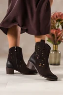 Botki damskie - Czekoladowe botki skórzane damskie kowbojki ażurowe na ściętym obcasie wycięta cholewka PRODUKT POLSKI Casu 6605-7 - miniaturka - grafika 1