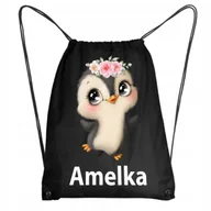 Plecaki worki - Czarny Worek Szkolny Na Buty Workoplecak Na WF Słodki Pingwinek + IMIĘ - miniaturka - grafika 1