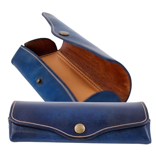 MIKA 28063107 - etui na okulary duże z prawdziwej skóry / skóry siodełka, etui na okulary i okulary korekcyjne, pudełko na okulary dla kobiet i mężczyzn, przechowywanie okularów w kolorze niebieskim, etui na okulary przeciwsłoneczne ok. 16 x 8 x 3 cm