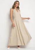 Sukienki - Beżowa Sukienka o Rozkloszowanym Kroju z Wiązanym Dekoltem Halter Senicea - miniaturka - grafika 1