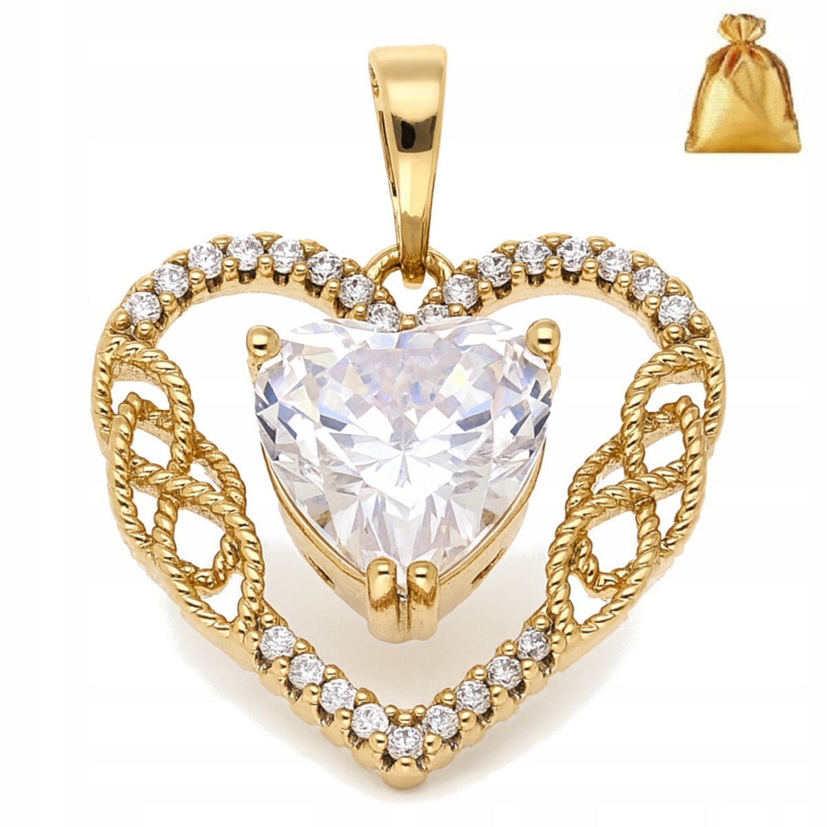 ZŁOTA ZAWIESZKA SERCE KRYSZTAŁOWE Z CYRKONIAMI, STAL CHIRURGICZNA, DLA NIEJ