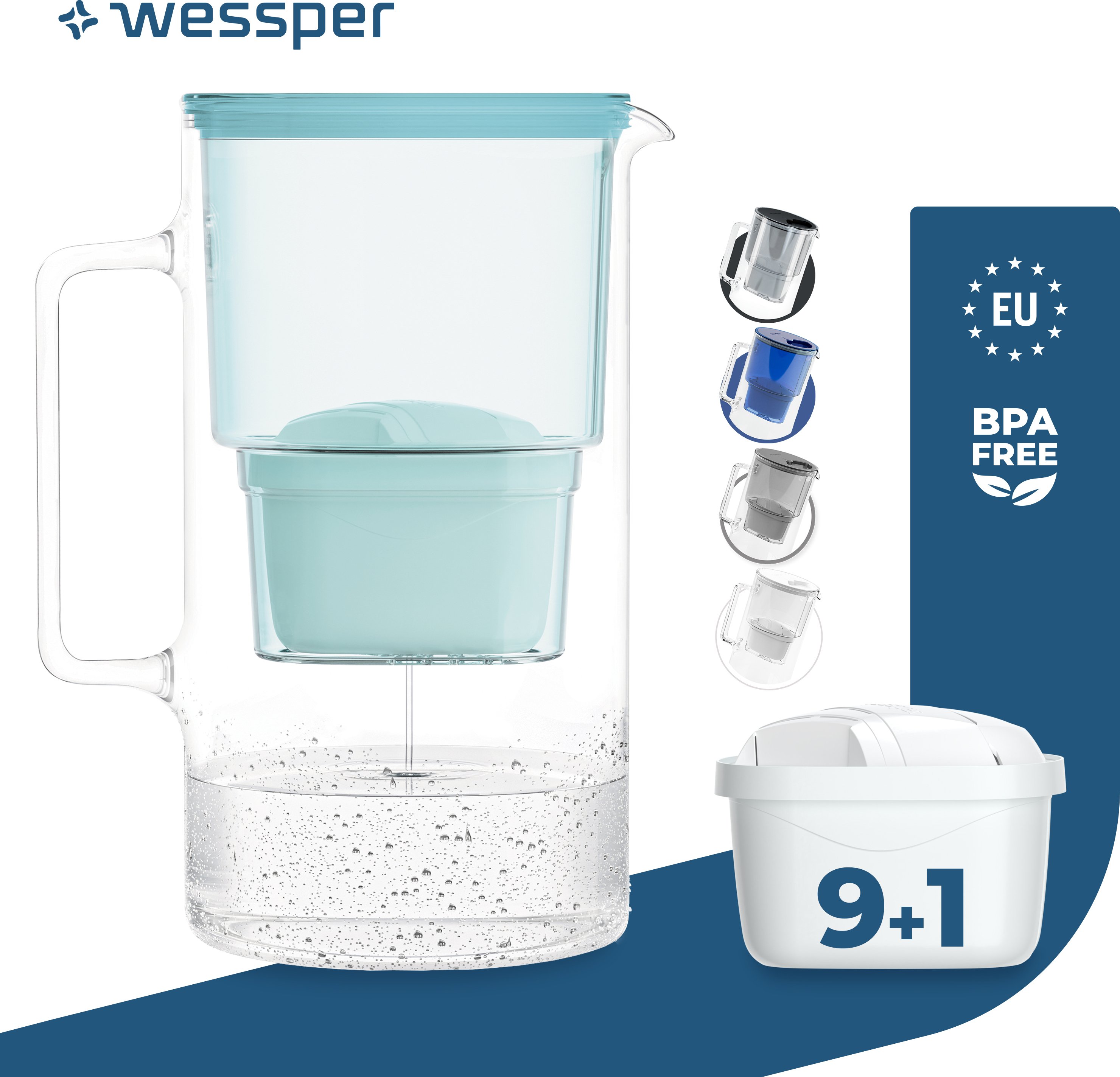 Wessper szklany dzbanek filtrujący 3 l Kompatybilny z wkładami filtrującymi Brita, w tym 10 wkładów filtrujących, miętowy
