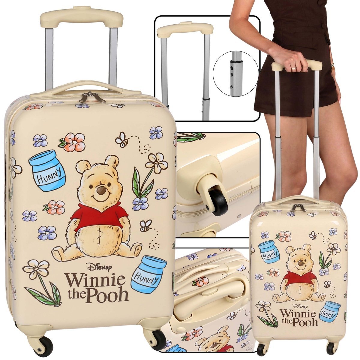 Kubuś Puchatek Kremowa walizka podróżna w twardej obudowie, WALIZKA KABINOWA na kółkach, BAGAŻ PODRĘCZNY 54x35x20cm