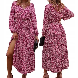 MODNA KOBIECA SUKIENKA DAMSKA W KWIATY DŁUGA MAXI KOPERTOWA WIĄZANA DEKOLT ROZMIAR UNIWERSALNY - Sukienki - miniaturka - grafika 1