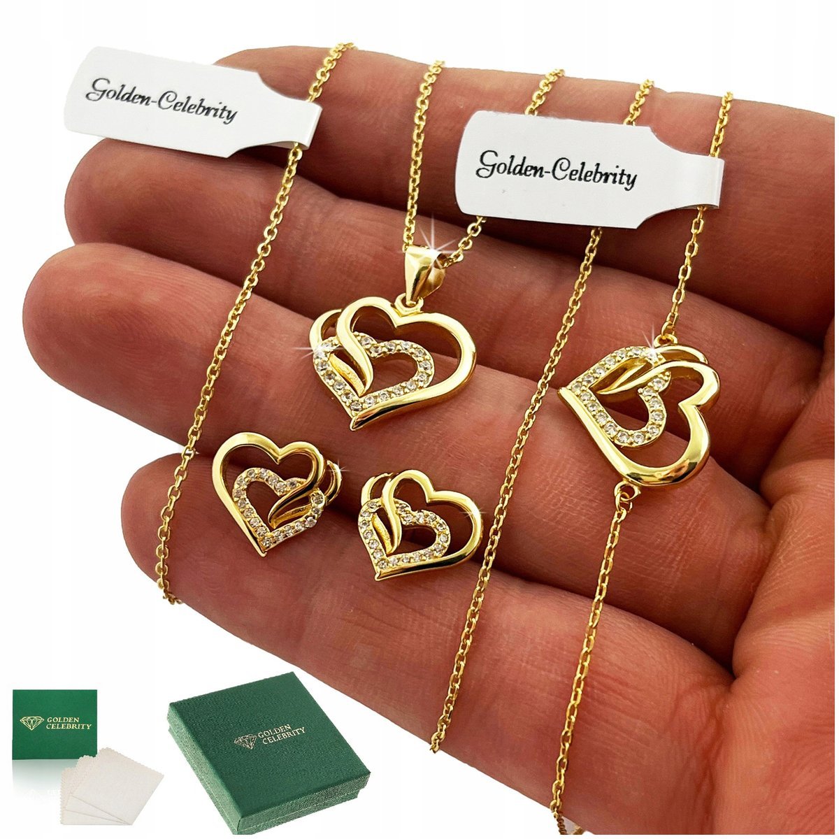 ZŁOTY NASZYJNIK SERCE + KOLCZYKI + BRANSOLETKA, PREZENT DLA KOBIETY, MAMY