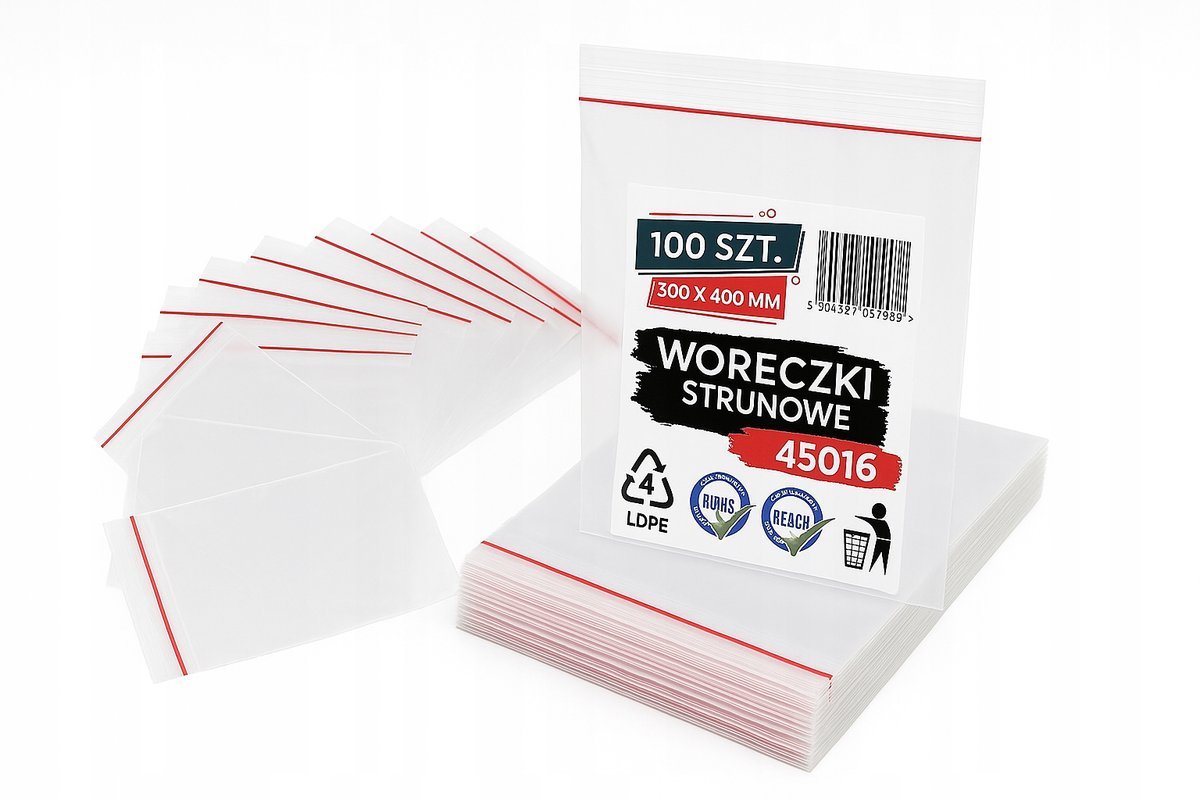 WORECZKI, TOREBKI STRUNOWE, WORKI FOLIOWE 300x400 MM, MOCNE, 100 SZTUK