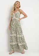 Sukienki - Zielono-Beżowa Rozkloszowana Sukienka z Bawełny na Cienkich Ramiączkach z Gumką w Pasie i Haftem Xuretta - miniaturka - grafika 1