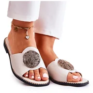 Klapki i japonki damskie - S.Barski Damskie Skórzane Klapki Z Ozdobą Złote Colene złoty - miniaturka - grafika 1