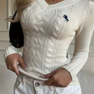 Swetry damskie - TEMU Elegancki damski kardigan z dekoltem w serek i długim rękawem - Miękki różowy sweter z haftem konia, dopasowany krój, odzież wierzchnia od - miniaturka - grafika 1