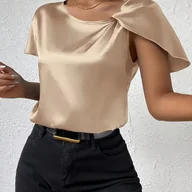 Koszule damskie - TEMU Damska elegancka bluzka w beżu z asymetrycznym dekoltem - krótki rękaw, okrągły dekolt, jednokolorowy, top z poliestru z obróconymi ramionami, - miniaturka - grafika 1