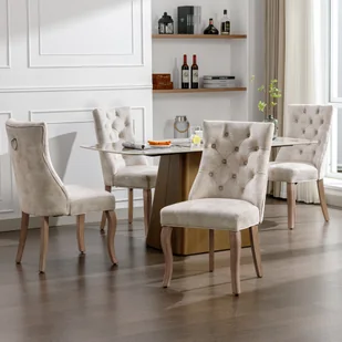 Zestaw 4 krzeseł do jadalni Flieks, krzesła kuchenne z wysokim oparciem i nogami z litego drewna, aksamitne krzesło do salonu, tapicerowane krzesło do jadalni, jasnobeżowe - Krzesła - miniaturka - grafika 1