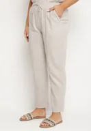 Spodnie damskie - Szare Spodnie z Lnem i Elastyczną Gumką w Pasie Nativena - miniaturka - grafika 1
