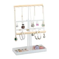 Biżuteria - akcesoria - Relaxdays Stojak na biżuterię, stojak na łańcuszki, regulowana wysokość, w kształcie litery T, organizer na półki, drewno, metal, biały/naturalny - miniaturka - grafika 1