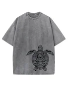 Koszulki i topy damskie - Damska koszulka oversize efekt sprania Zwierzęta Żółw Wzorzysty Grafitowa XXL - miniaturka - grafika 1