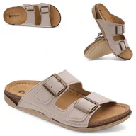 Klapki i japonki damskie - Klapki damskie Skórzana wkładka regulowane klamry lekkie Inblu Beżowe 37 - miniaturka - grafika 1