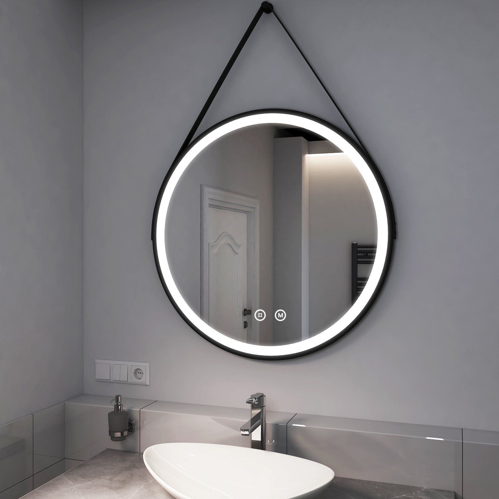 EMKE Lustro łazienkowe LED okrągłe o średnicy 80 cm Lustro łazienkowe LED z oświetleniem 3 barwy światła 3000-6500K biała chłodna neutralna biała ciepła ściemnialne podświetlane lustro z przełącznikiem dotykowym IP44 energooszczędne (czarny design)