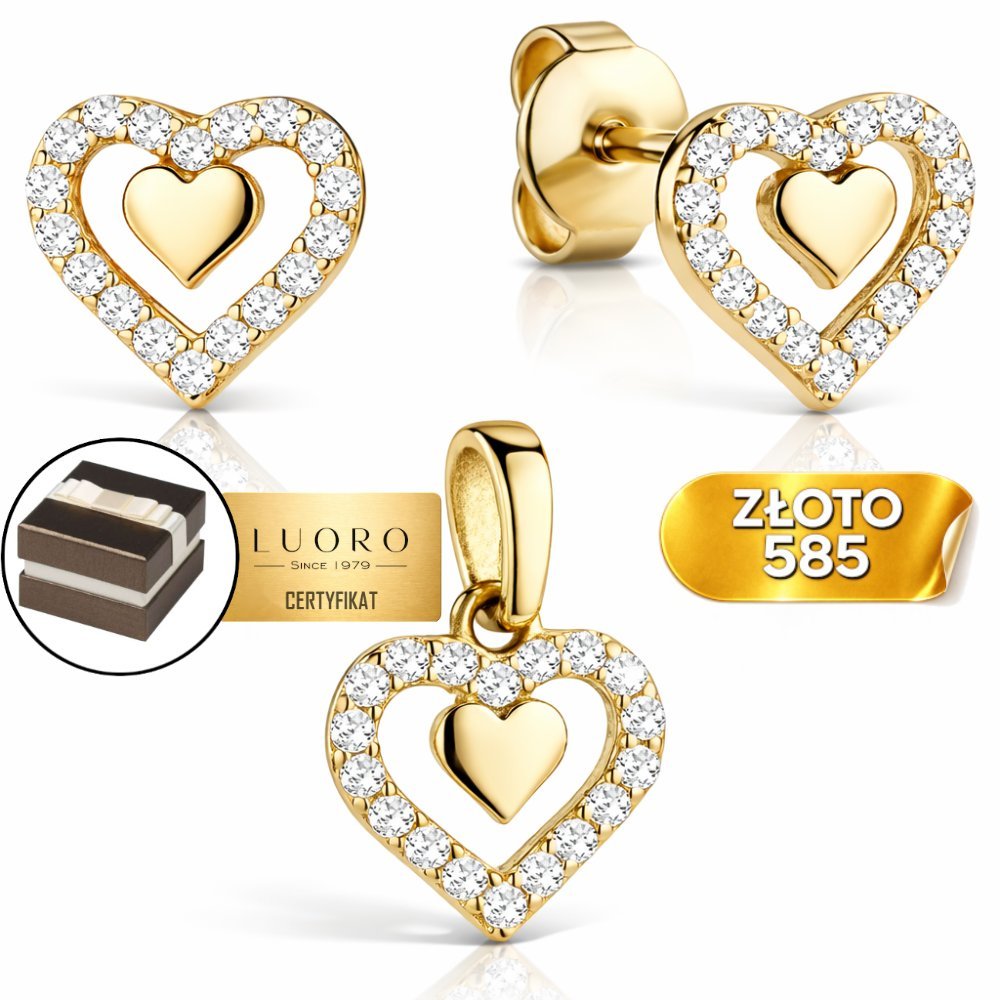 KOMPLET ZŁOTY 585 14K SERCA Z CYRKONIAMI KOLCZYKI 7X8 MM ZAWIESZKA 15 MM