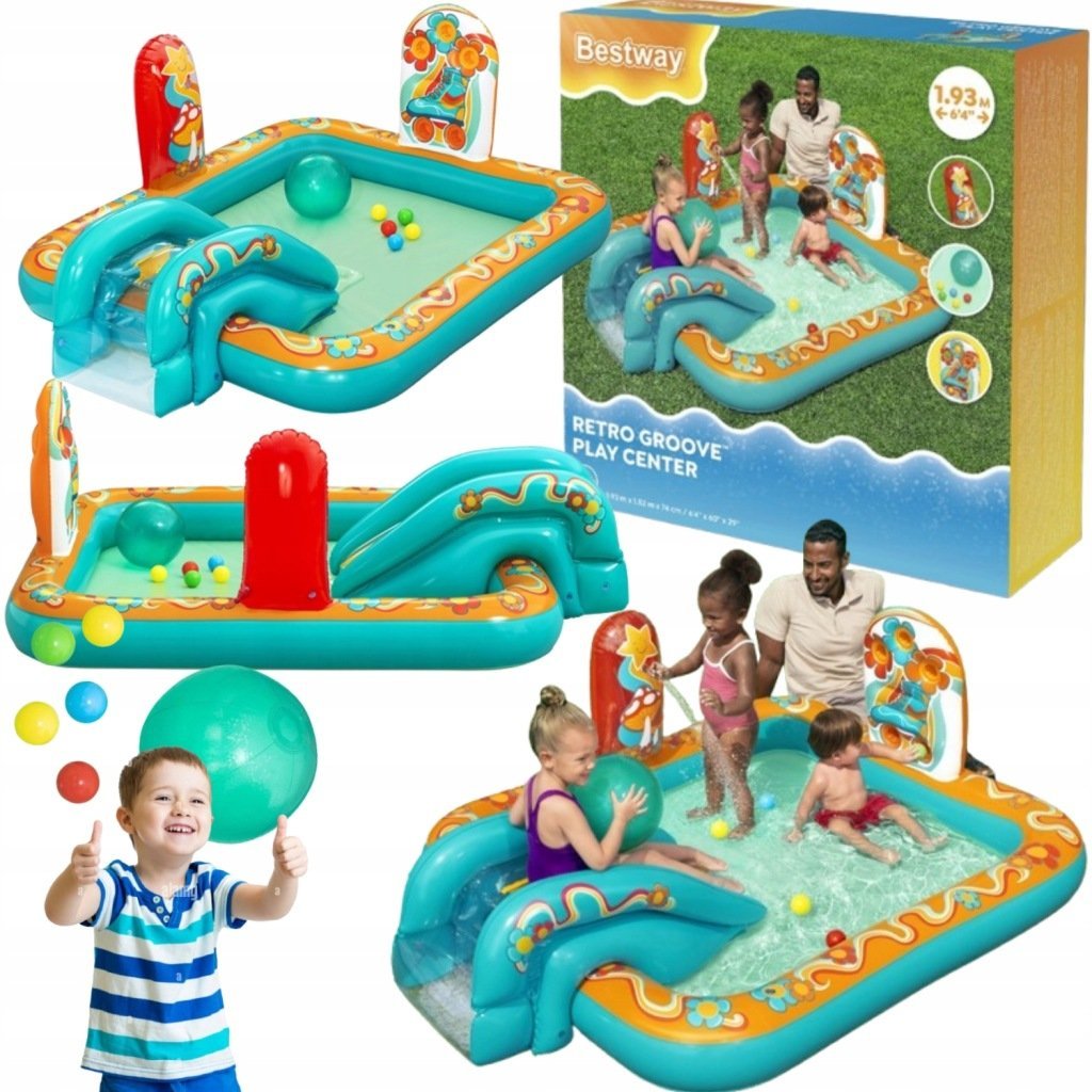 Bestway DMUCHANY PLAC ZABAW RETRO ZJEŻDŻALNIA + ZRASZACZ + PIŁKI 53164