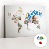 Tablice i flipcharty - Szkolna Tablica korkowa 60x40 cm, Kolorowe Pinezki, wzór Tekstowa mapa świata - miniaturka - grafika 1
