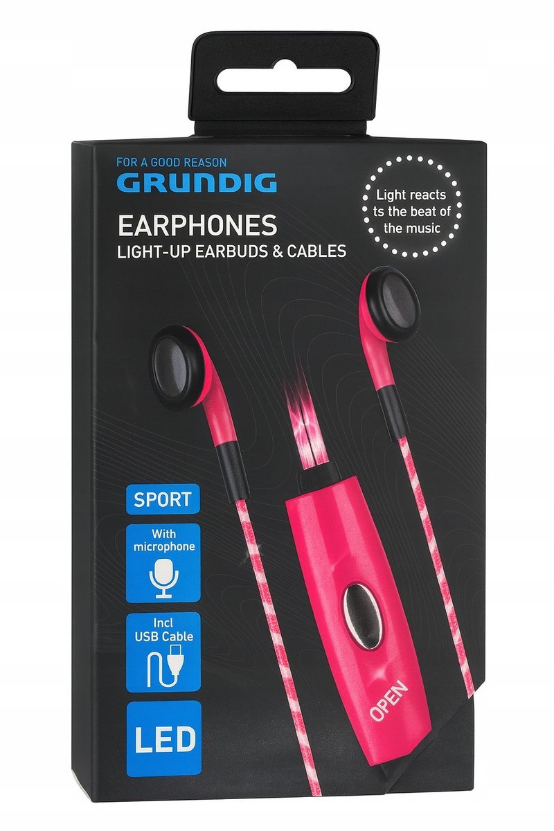 Słuchawki przewodowe douszne z oświetleniem led Grundig Earphones różowe