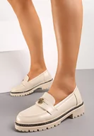 Mokasyny damskie - Beżowe Mokasyny z Cekinami wokół Podeszwy i Złotą Klamrą Elorasia - miniaturka - grafika 1