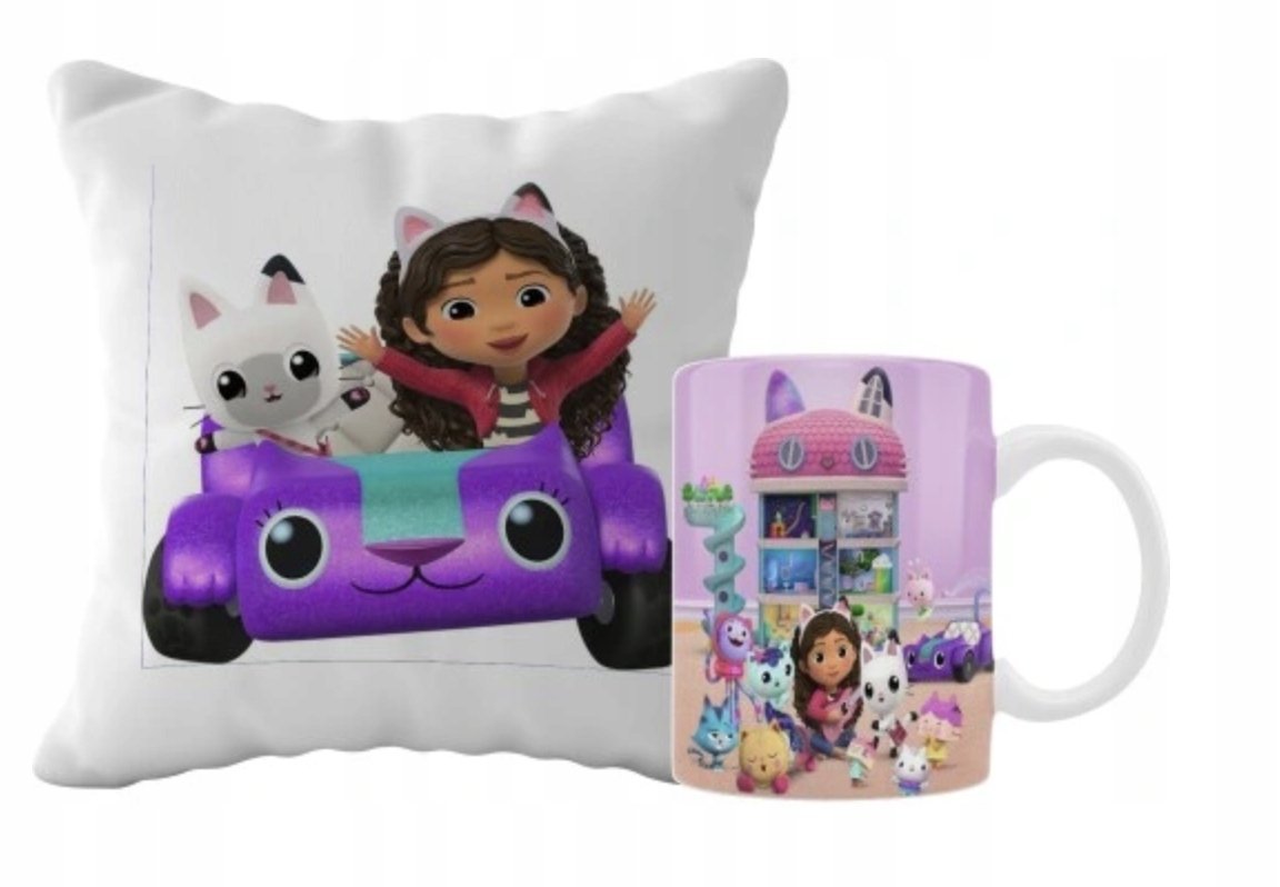 ZESTAW PODUSZKA + KUBEK Prezent KOCI DOMEK GABI GABBYS DOLLHOUSE + IMIĘ 37