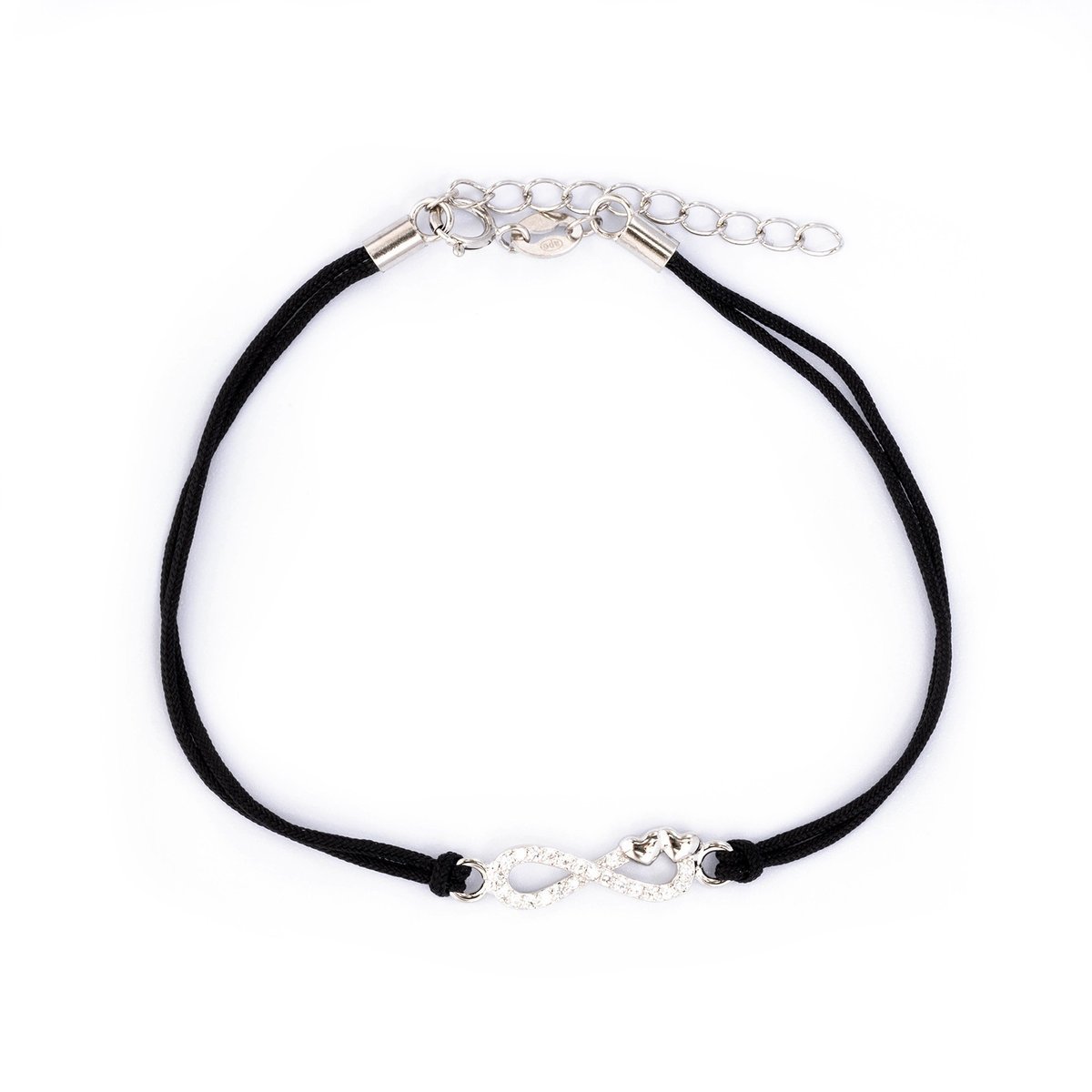 Srebrna bransoletka 925 Miłość Nieskończona Czarny Sznurek