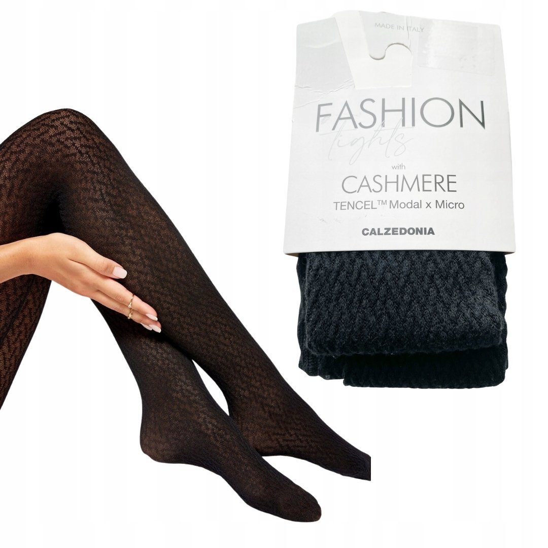 Calzedonia rajstopy KASZMIROWE modal kaszmir wzór jodełka czarne 4 (L)