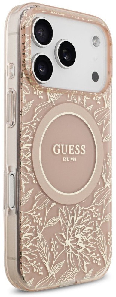Guess IML Flowers Electro Pearl Strap MagSafe Case for iPhone 17 Pro Pink