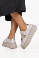 Sneakersy damskie - Beżowe sneakersy skórzane damskie na platformie z ozdobą sznurowane PRODUKT POLSKI Casu DS-739-39 - miniaturka - grafika 1