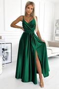 Sukienki - 512-1 JULIET elegancka długa satynowa suknia z dekoltem - ZIELEŃ BUTELKOWA - miniaturka - grafika 1