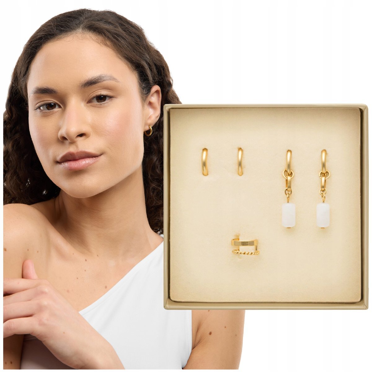 Kolczyki pozłacane z kamieniami naturalnymi biały jadeit zestaw 5 kolczyków Mys