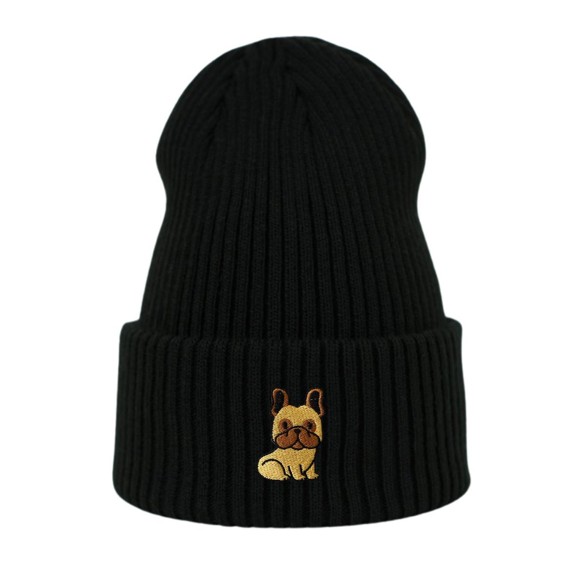 Haftowana czapka beanie - BULDOG FRANCUSKI - czarny