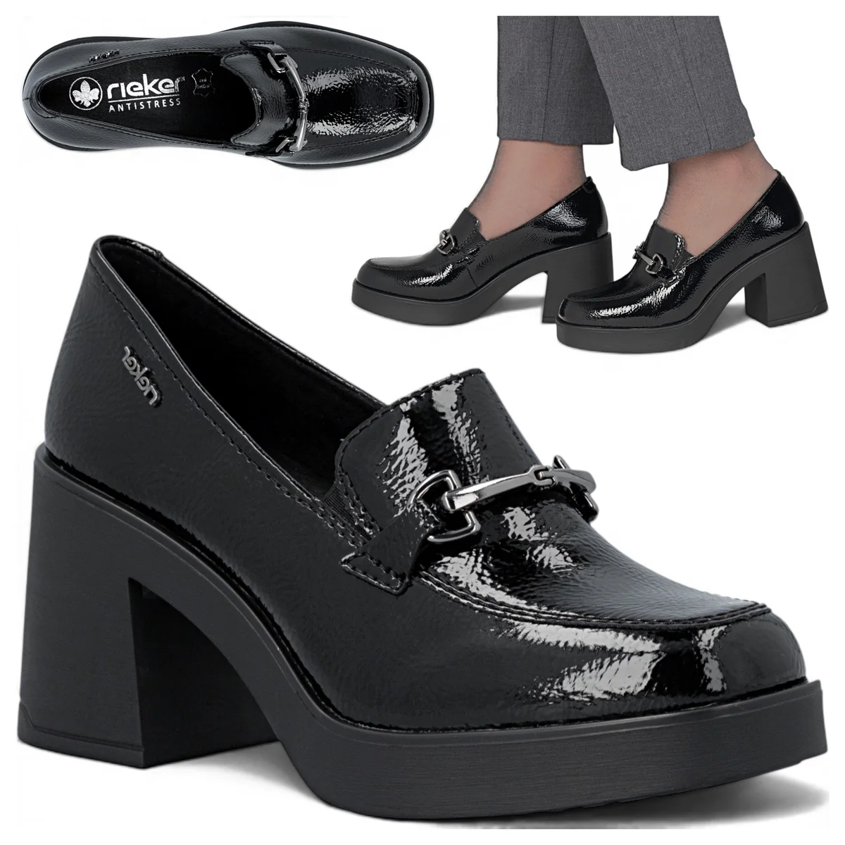 Rieker Półbuty Damskie na Obcasie Eleganckie Wygodne Buty Wsuwane Czarne 40