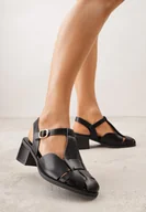 Sandały damskie - Czarne Sandały na Słupku Ozdobione Wycięciami Rharlan - miniaturka - grafika 1