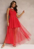 Sukienki - Czerwona Maxi Sukienka o Rozkloszowanym Fasonie z Długim Tiulem i Ozdobnymi Cyrkoniami Amorah - miniaturka - grafika 1