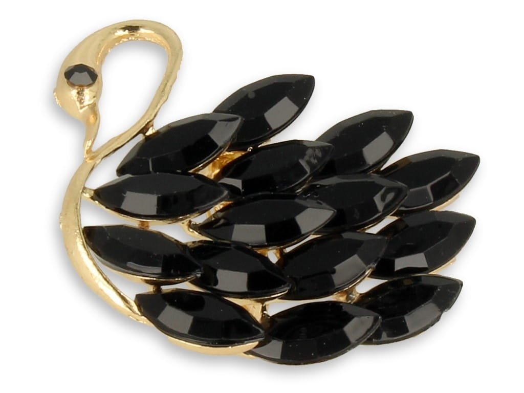 Broszka Damska Złota Łabędz Z Czarnymi Kamieniami