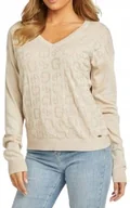 Swetry damskie - GUESS BEŻOWY SWETER DAMSKI Z DEKOLTEM V ZE WZOREM LOGO XS GMD - miniaturka - grafika 1